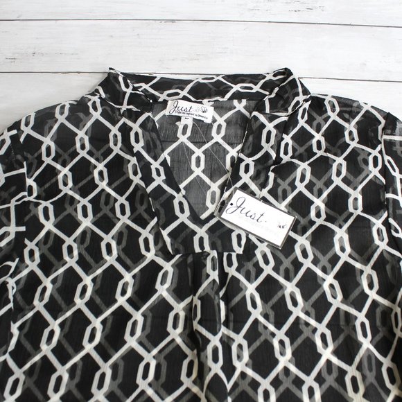 Just Bee Vintage Sheer Tunic Top Blouse Size M Black White Geo 3/4 Sleeve - Picture 3 of 4